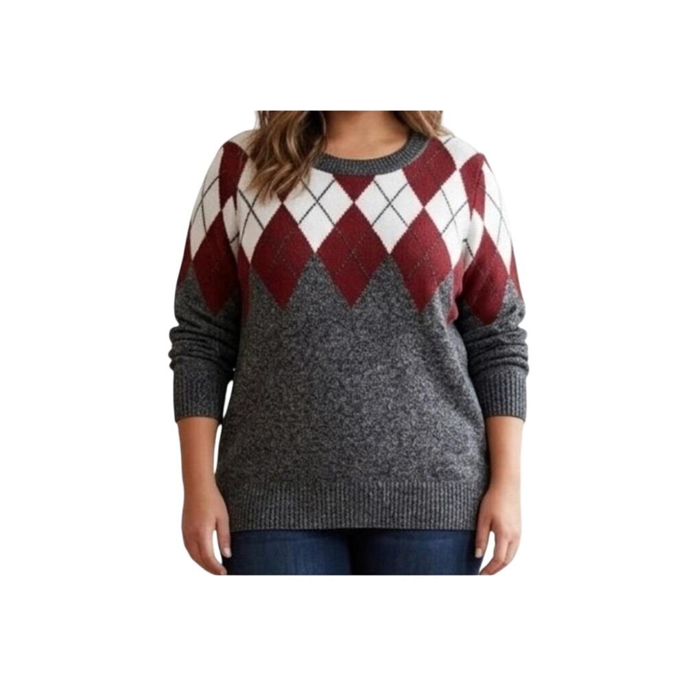 Torrid Womens Argyle Gray Red And White Crewneck Long Sleeve Sweater Size 1